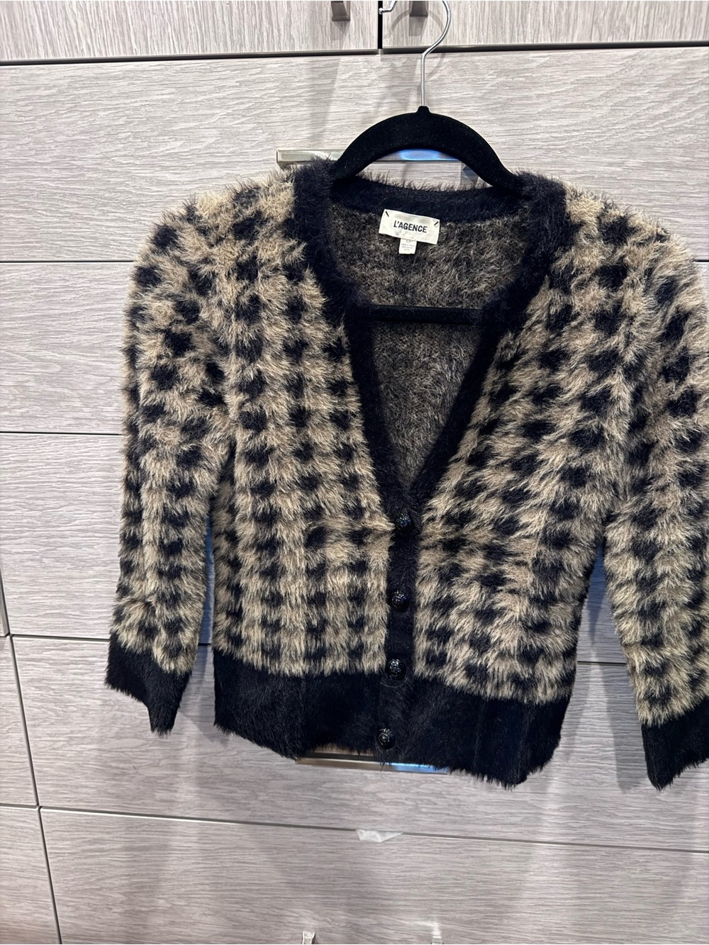 L'AGENCE Black and Cream Fuzzy Check V-Neck Cardigan
